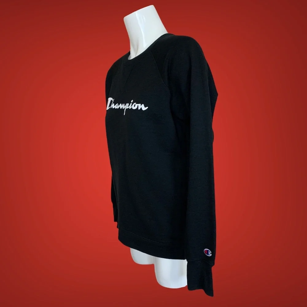 Champion Black Script Logo Raglan Sleeve Crew Neck Sweatshirt Large - Picture 3 of 7
